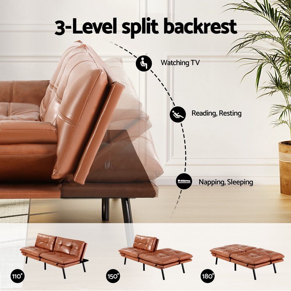 Artiss Sofa Bed Convertible 3 Seater Couch Recliner Lounge Chair Leather Brown-Furniture &gt; Sofas &gt; Sofas &amp; Sofa Beds-PEROZ Accessories