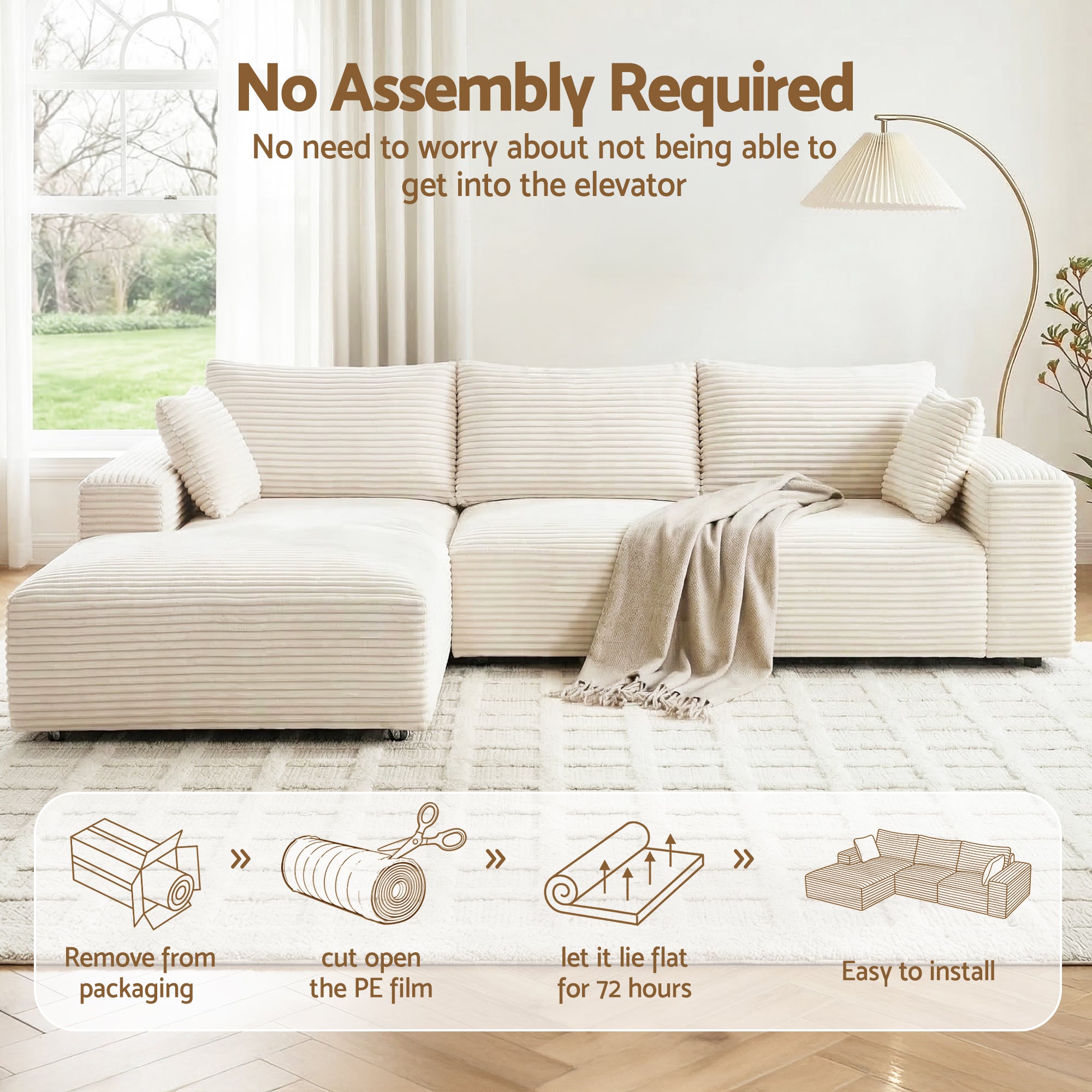 Artiss 3 Seater Modular Sofa Bed Sectional Boneless Couches for Living Room Corduroy Compressed Sofa White-Furniture > Sofas > Sofas &amp; Sofa Beds-PEROZ Accessories
