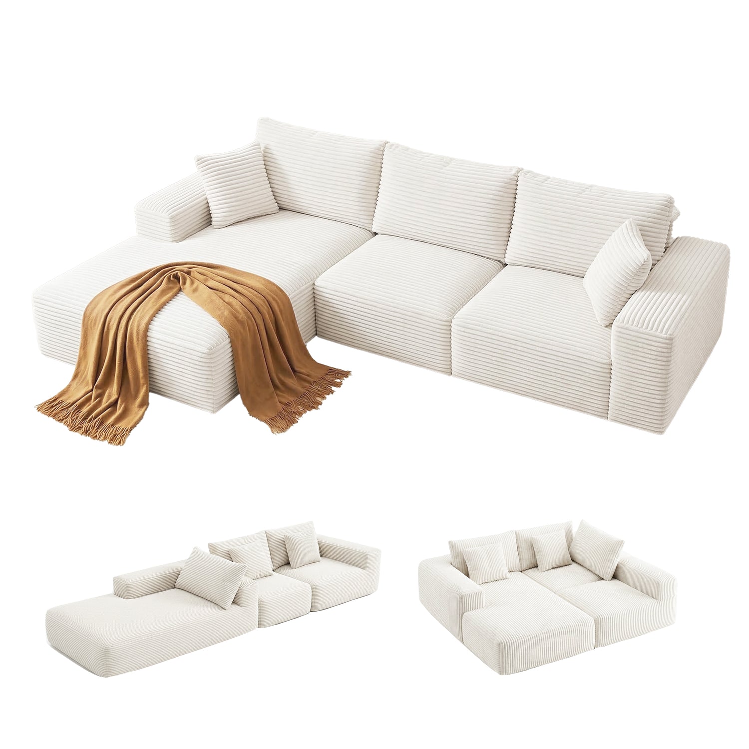 Artiss 3 Seater Modular Sofa Bed Sectional Boneless Couches for Living Room Corduroy Compressed Sofa White-Furniture > Sofas > Sofas &amp; Sofa Beds-PEROZ Accessories