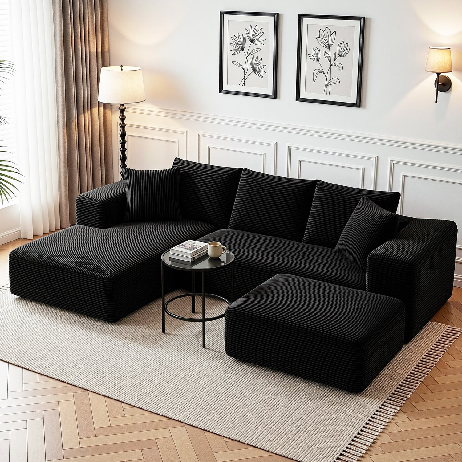 Artiss Modular Sofa Bed with Ottoman Sectional Boneless Couches for Living Room Corduroy Compressed Sofa Black-Furniture > Sofas > Sofas &amp; Sofa Beds-PEROZ Accessories