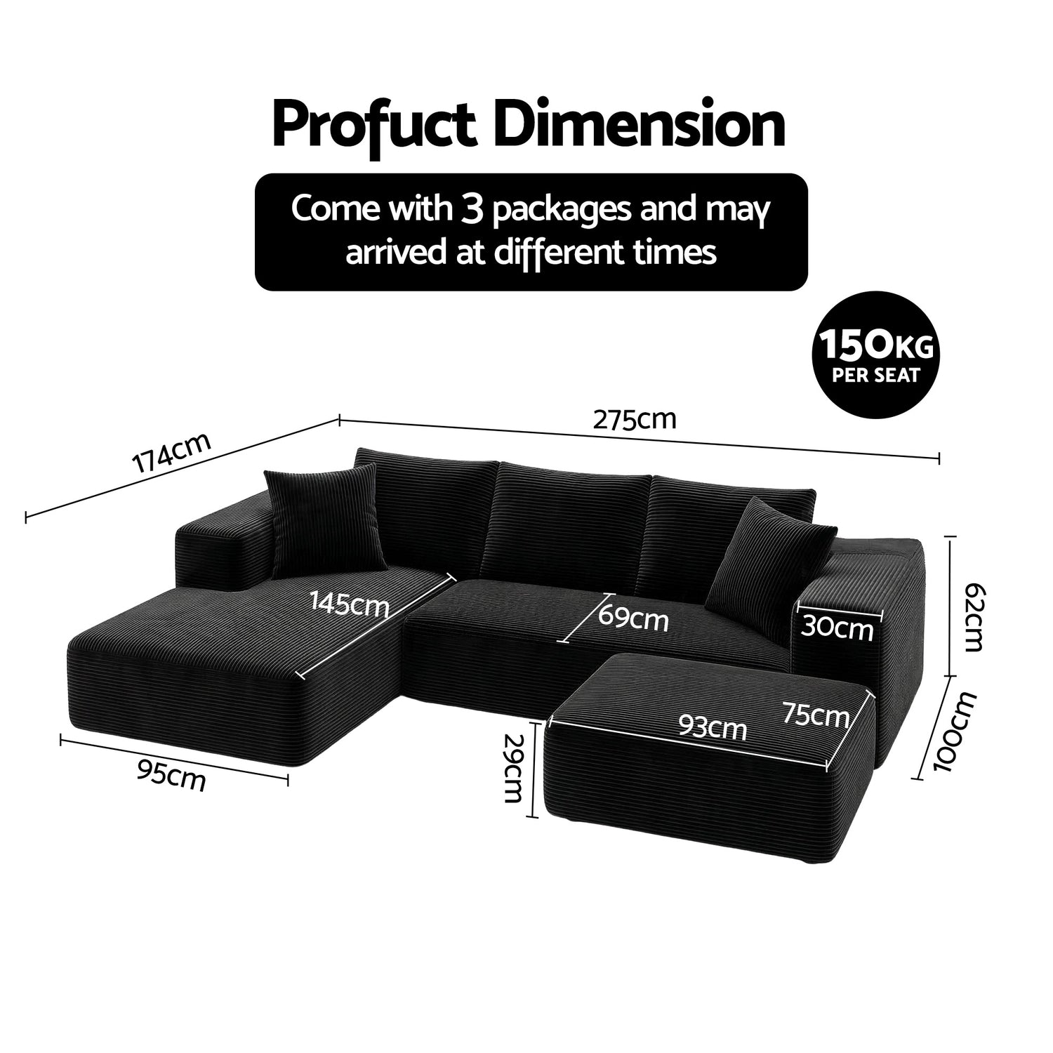 Artiss Modular Sofa Bed with Ottoman Sectional Boneless Couches for Living Room Corduroy Compressed Sofa Black-Furniture > Sofas > Sofas &amp; Sofa Beds-PEROZ Accessories