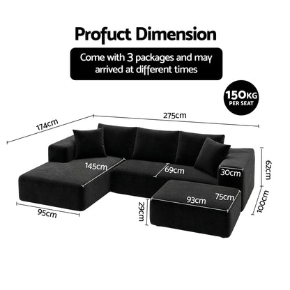 Artiss Modular Sofa Bed with Ottoman Sectional Boneless Couches for Living Room Corduroy Compressed Sofa Black-Furniture > Sofas > Sofas &amp; Sofa Beds-PEROZ Accessories