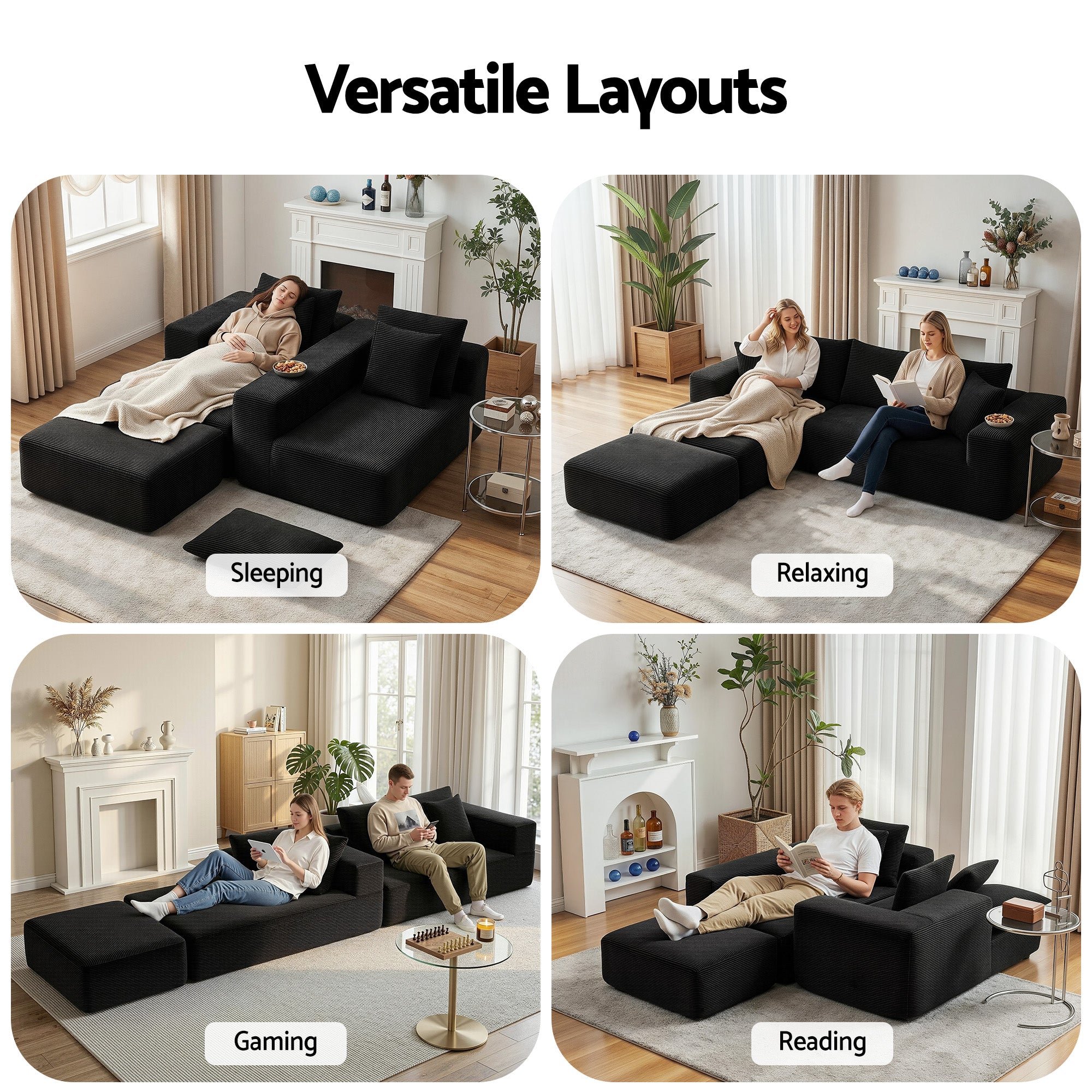 Artiss Modular Sofa Bed with Ottoman Sectional Boneless Couches for Living Room Corduroy Compressed Sofa Black-Furniture > Sofas > Sofas &amp; Sofa Beds-PEROZ Accessories