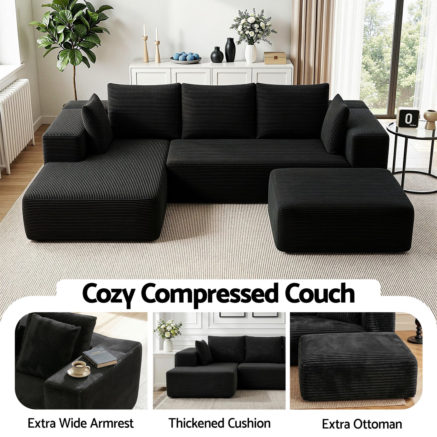 Artiss Modular Sofa Bed with Ottoman Sectional Boneless Couches for Living Room Corduroy Compressed Sofa Black-Furniture > Sofas > Sofas &amp; Sofa Beds-PEROZ Accessories