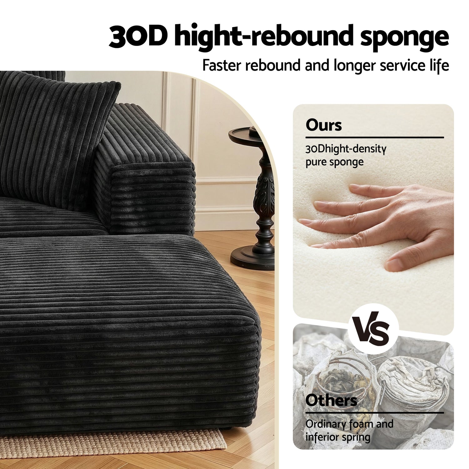 Artiss Modular Sofa Bed with Ottoman Sectional Boneless Couches for Living Room Corduroy Compressed Sofa Black-Furniture > Sofas > Sofas &amp; Sofa Beds-PEROZ Accessories