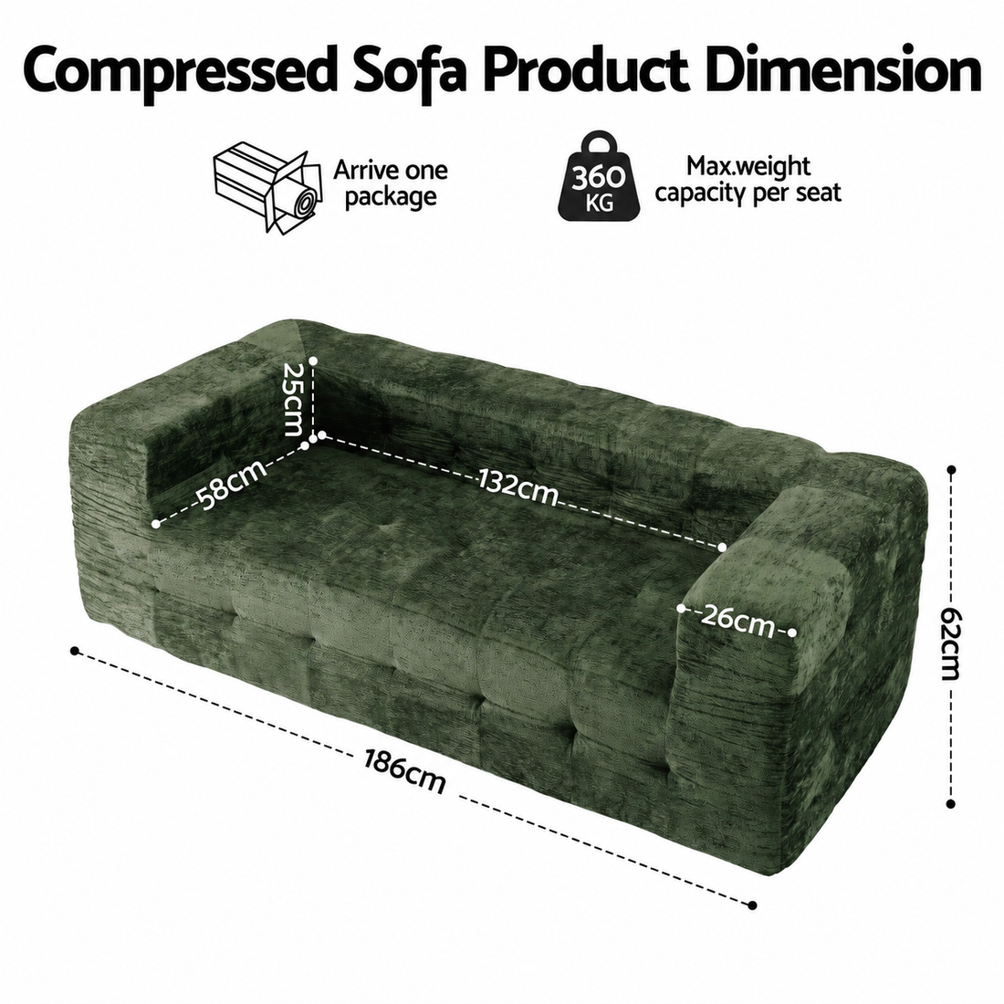 Artiss Comfort Boneless Sofa for Living Room Green Luxury Chenille-Furniture > Sofas > Sofas &amp; Sofa Beds-PEROZ Accessories