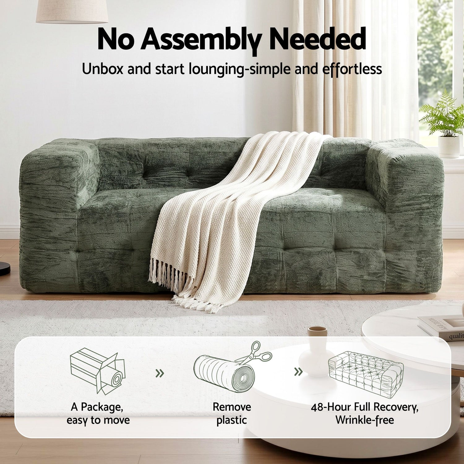 Artiss Comfort Boneless Sofa for Living Room Green Luxury Chenille