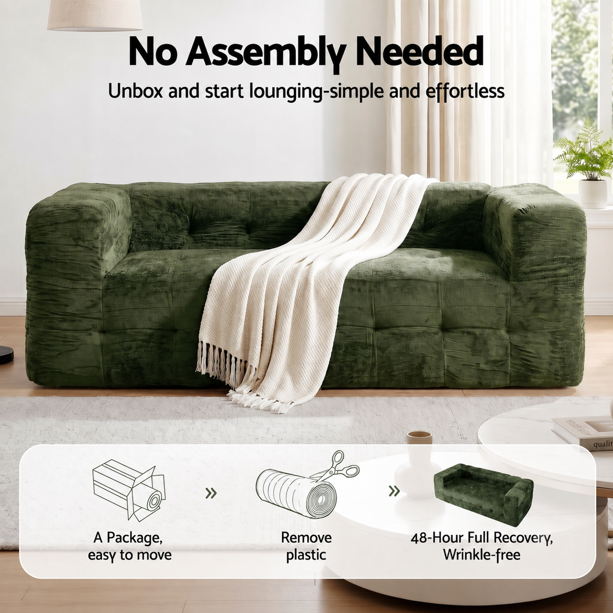 Artiss Comfort Boneless Sofa for Living Room Green Luxury Chenille-Furniture > Sofas > Sofas &amp; Sofa Beds-PEROZ Accessories