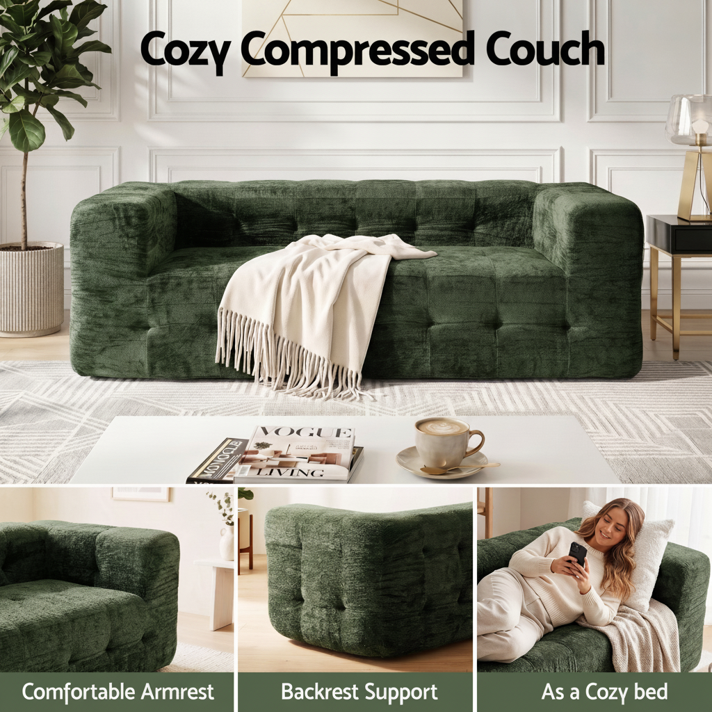 Artiss Comfort Boneless Sofa for Living Room Green Luxury Chenille-Furniture > Sofas > Sofas &amp; Sofa Beds-PEROZ Accessories
