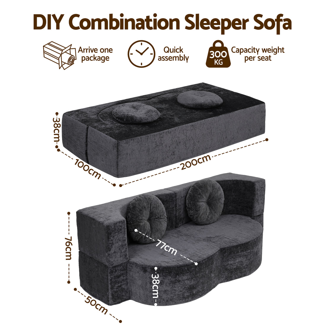 Artiss 2 in 1 Convertible Compressed Sofa Bed, Folding Boneless Sofabed for Living Room ,Comfort Curved Sleeper Couch with High Density Sponge, Apartment Essentials, No Assembly, 2 Pillows, Grey-Furniture > Sofas > Sofas &amp; Sofa Beds-PEROZ Accessories