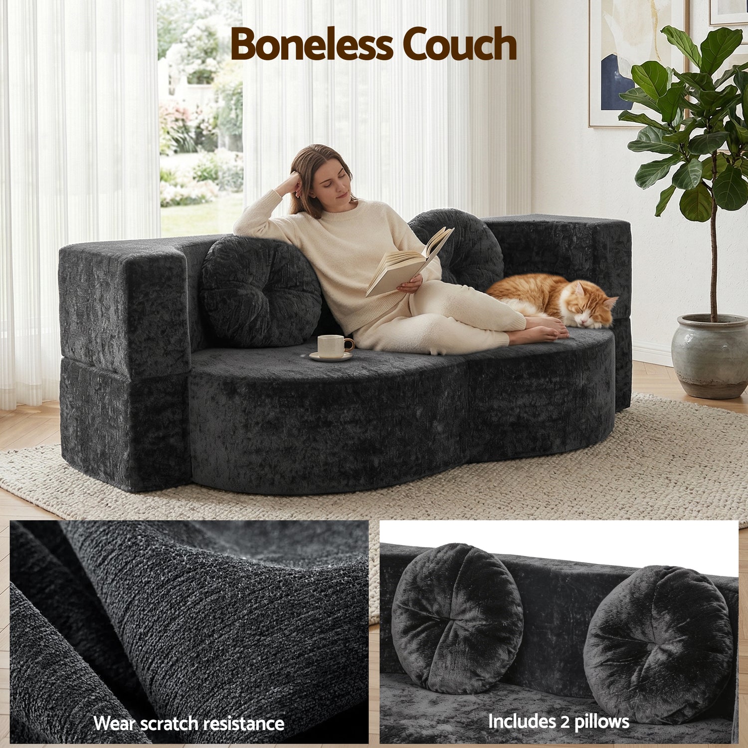 Artiss 2 in 1 Convertible Compressed Sofa Bed, Folding Boneless Sofabed for Living Room ,Comfort Curved Sleeper Couch with High Density Sponge, Apartment Essentials, No Assembly, 2 Pillows, Grey-Furniture > Sofas > Sofas &amp; Sofa Beds-PEROZ Accessories