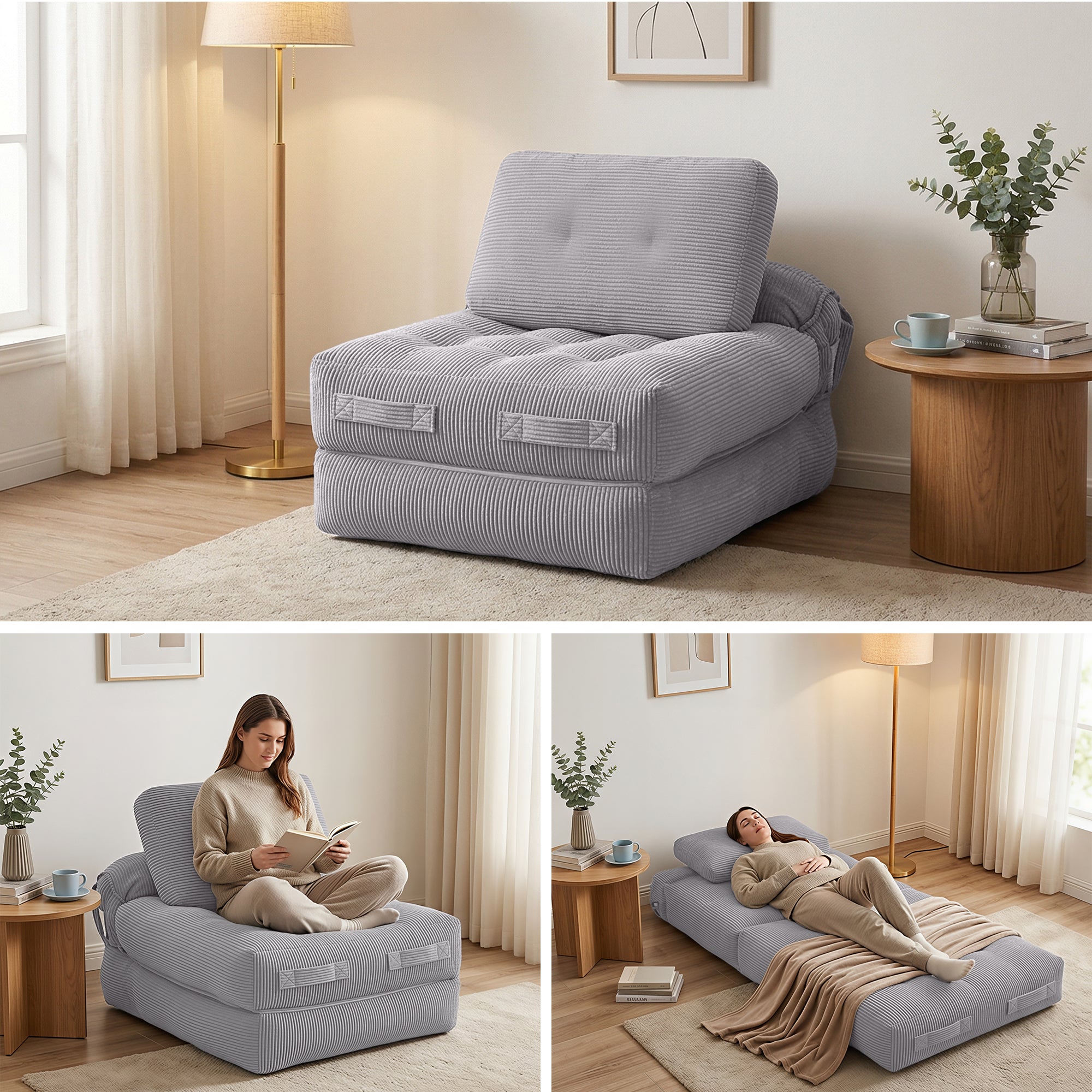 Artiss 1 Seater Corduroy Convertible Sofa Bed Pull Out Boneless Couch Grey-Furniture > Sofas > Sofas &amp; Sofa Beds-PEROZ Accessories