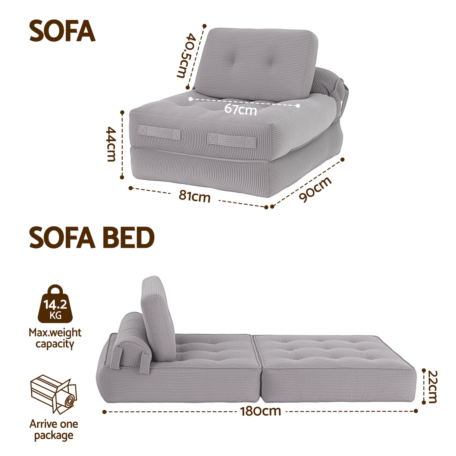 Artiss 1 Seater Corduroy Convertible Sofa Bed Pull Out Boneless Couch Grey-Furniture > Sofas > Sofas &amp; Sofa Beds-PEROZ Accessories