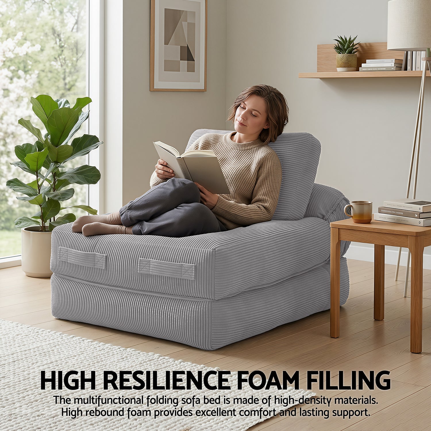 Artiss 1 Seater Corduroy Convertible Sofa Bed Pull Out Boneless Couch Grey-Furniture > Sofas > Sofas &amp; Sofa Beds-PEROZ Accessories