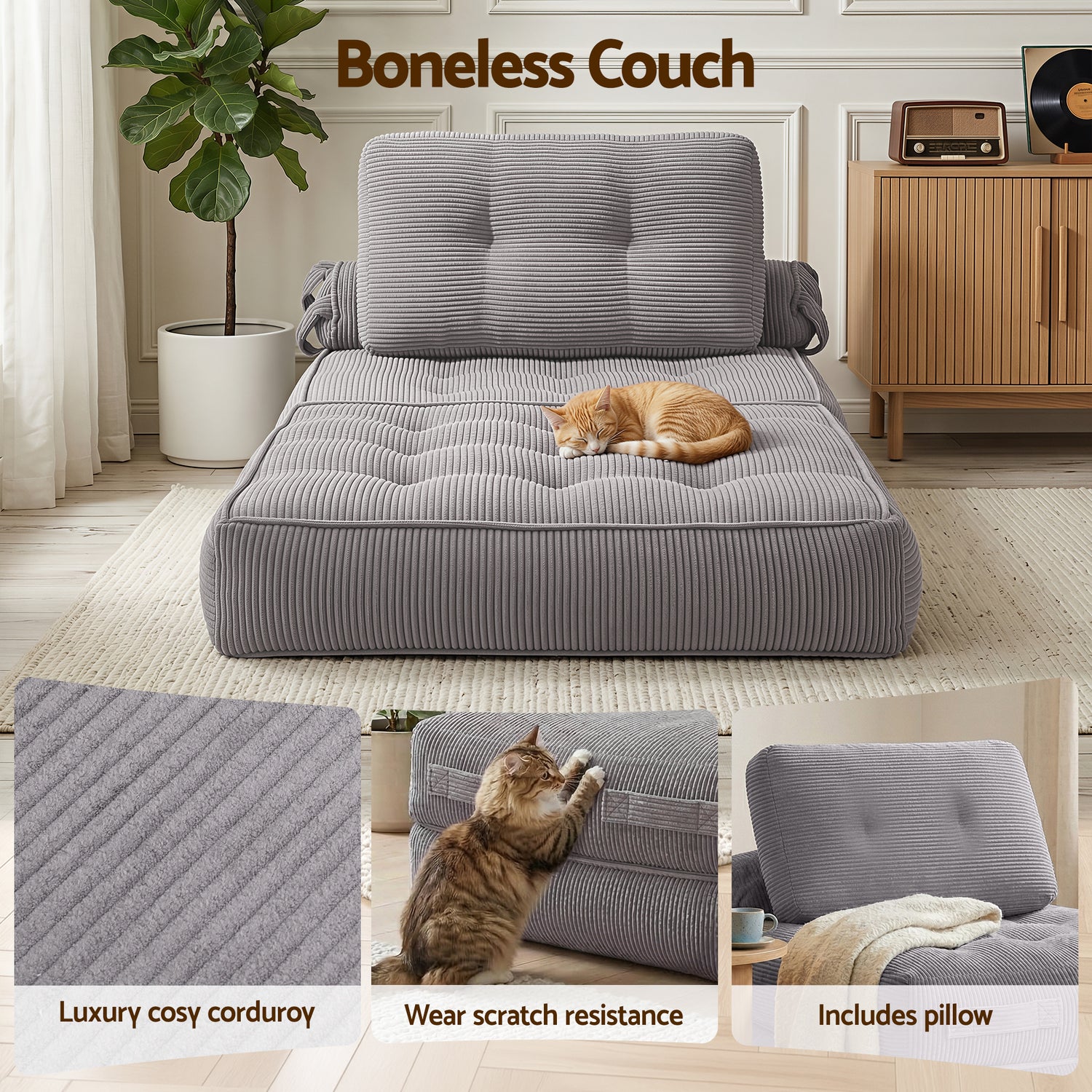 Artiss 1 Seater Corduroy Convertible Sofa Bed Pull Out Boneless Couch Grey-Furniture > Sofas > Sofas &amp; Sofa Beds-PEROZ Accessories