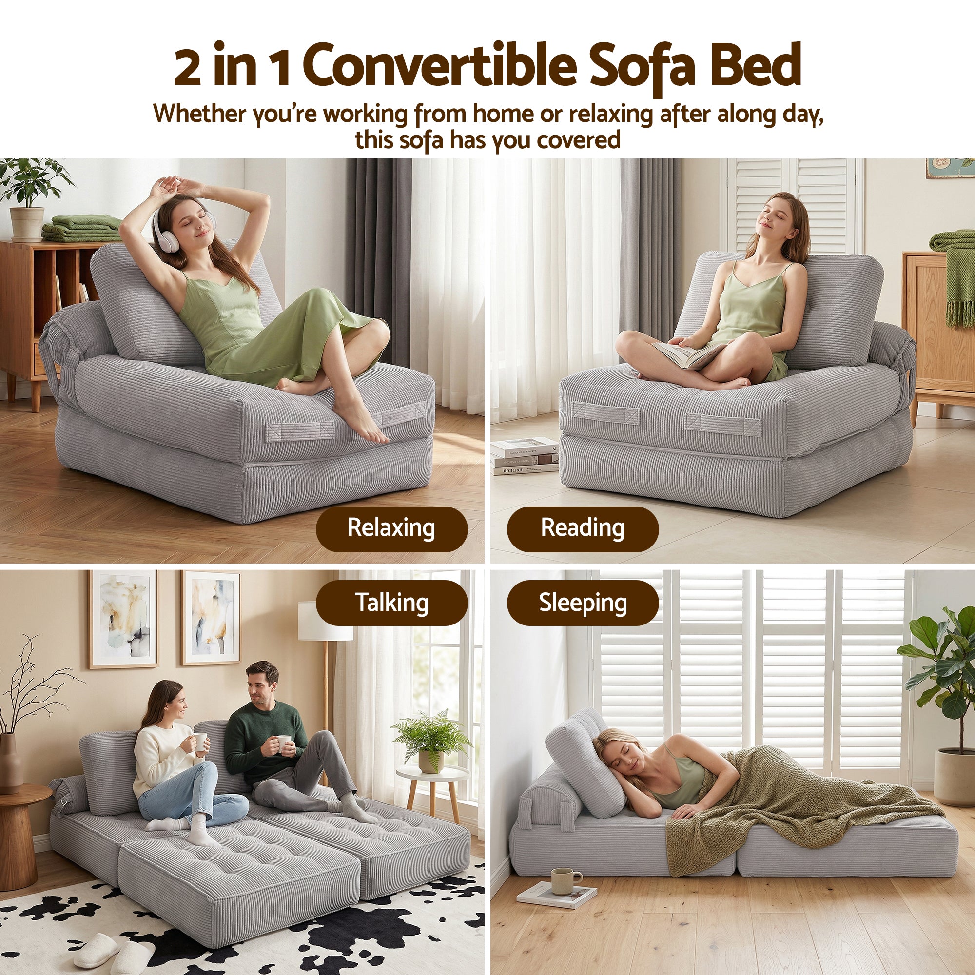 Artiss 1 Seater Corduroy Convertible Sofa Bed Pull Out Boneless Couch Grey-Furniture > Sofas > Sofas &amp; Sofa Beds-PEROZ Accessories