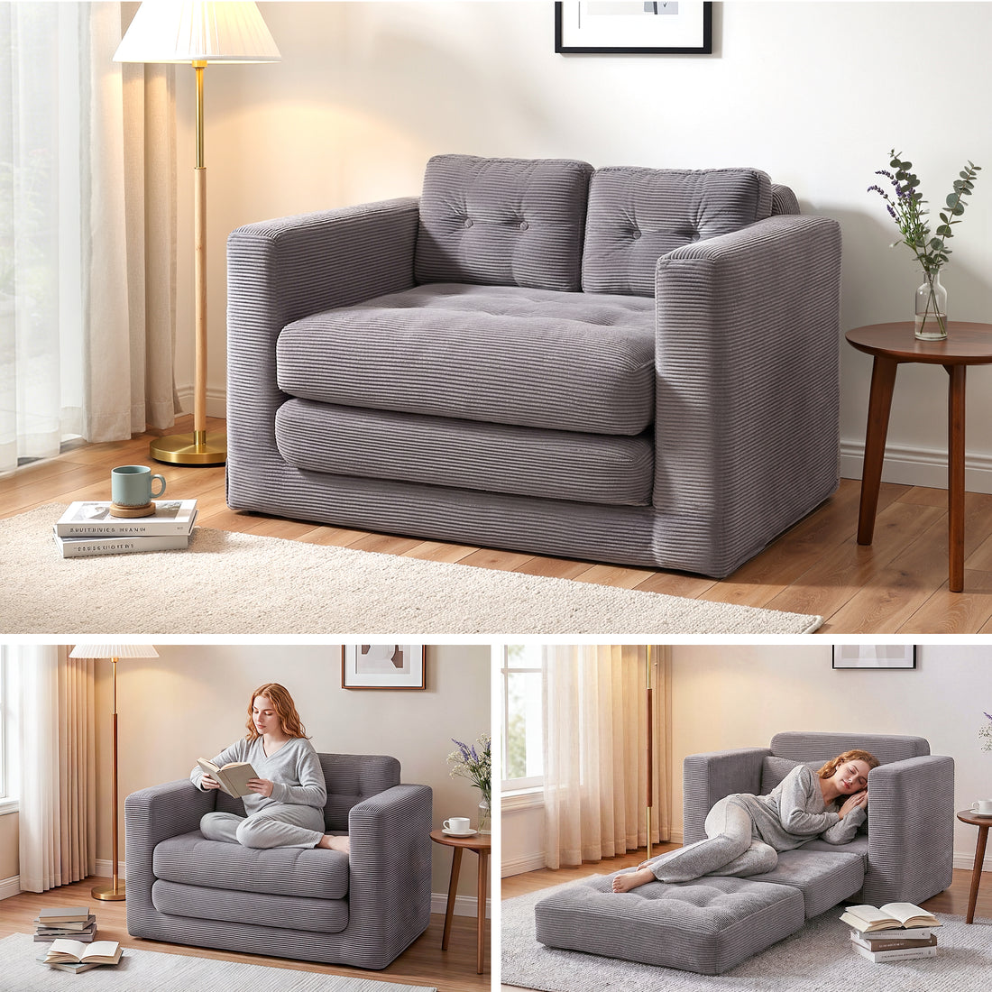 Artiss 2 Seater Corduroy Convertible Sofa Bed Pull Out Boneless Couch Grey-Furniture > Sofas > Sofas &amp; Sofa Beds-PEROZ Accessories
