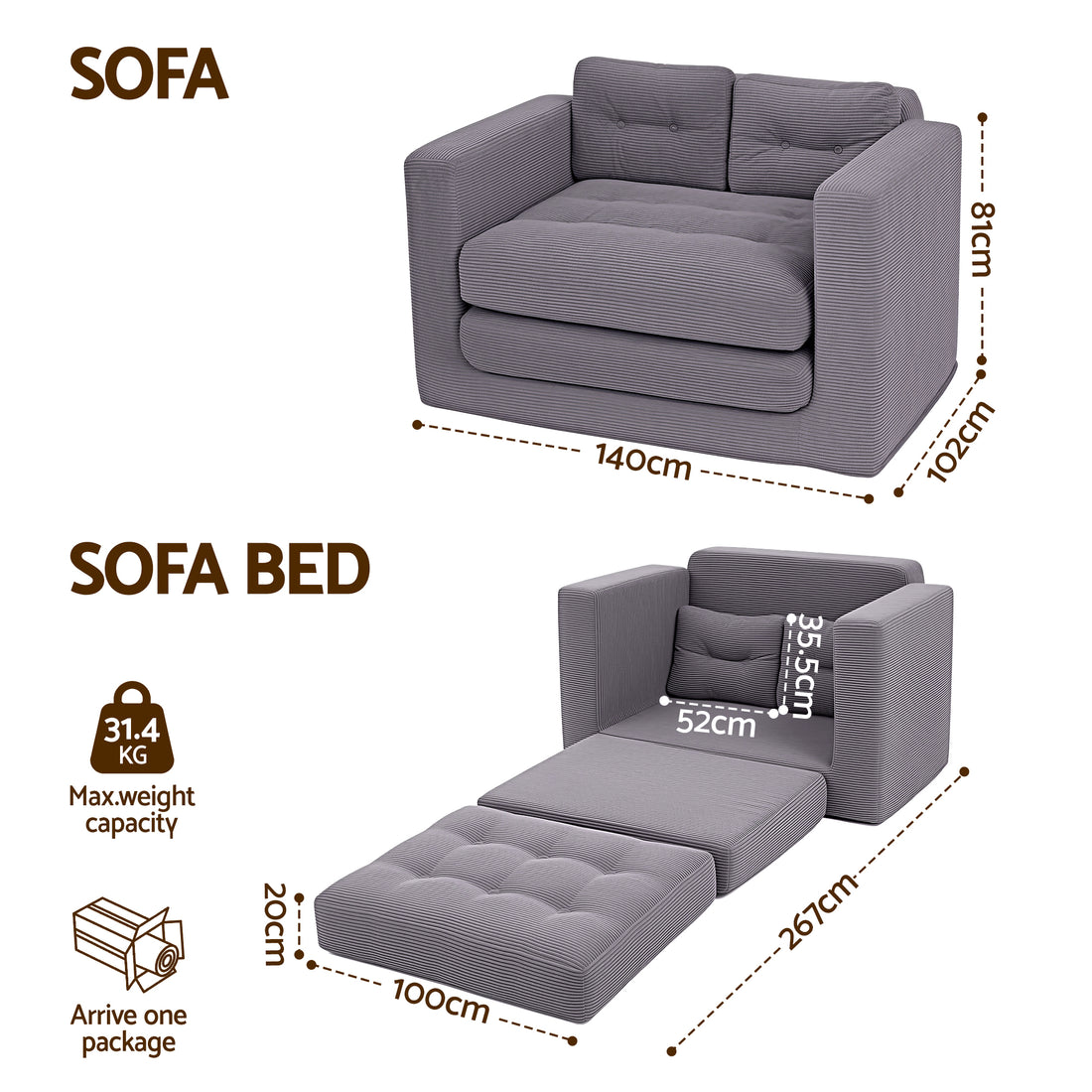 Artiss 2 Seater Corduroy Convertible Sofa Bed Pull Out Boneless Couch Grey-Furniture > Sofas > Sofas &amp; Sofa Beds-PEROZ Accessories
