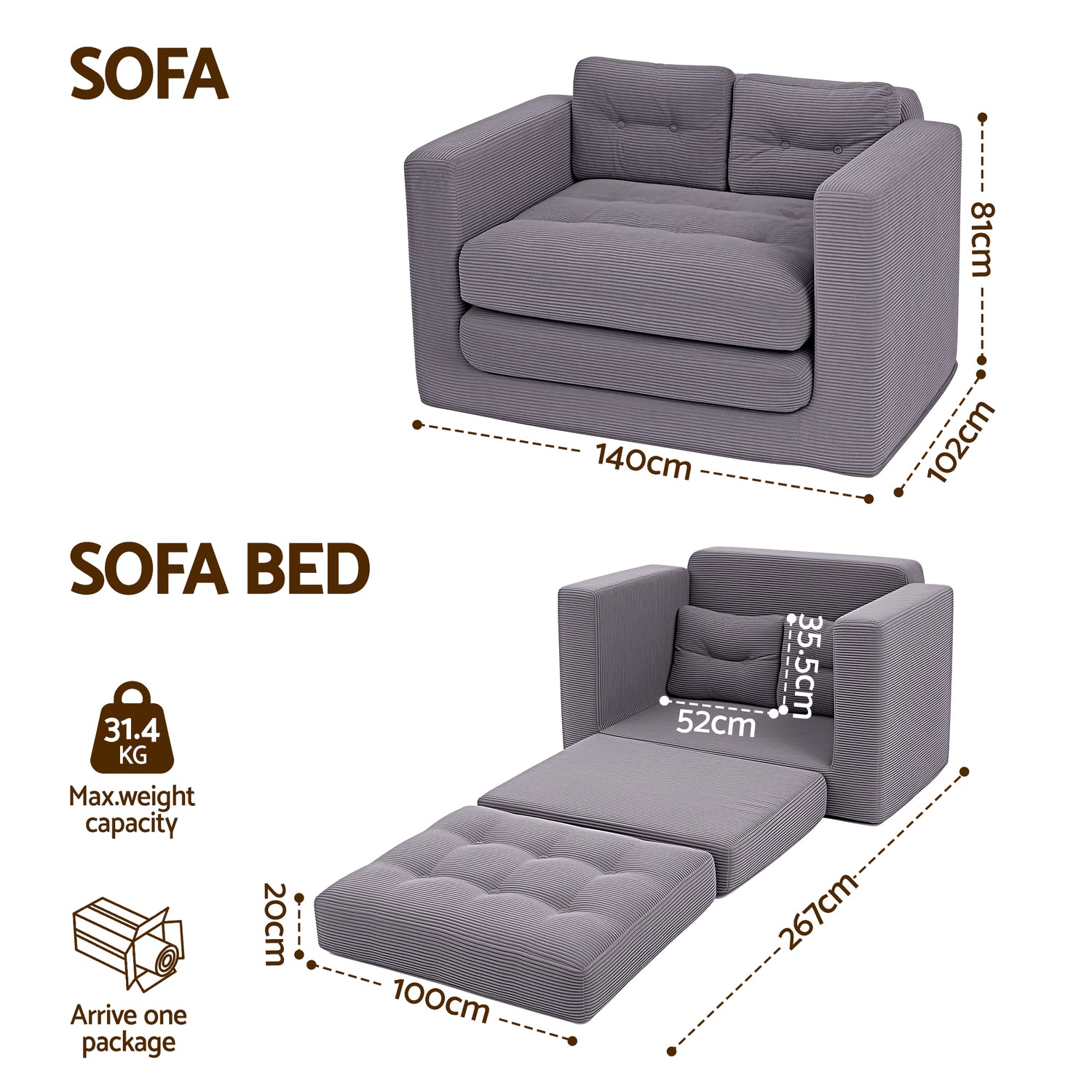 Artiss 2 Seater Corduroy Convertible Sofa Bed Pull Out Boneless Couch Grey-Furniture > Sofas > Sofas &amp; Sofa Beds-PEROZ Accessories