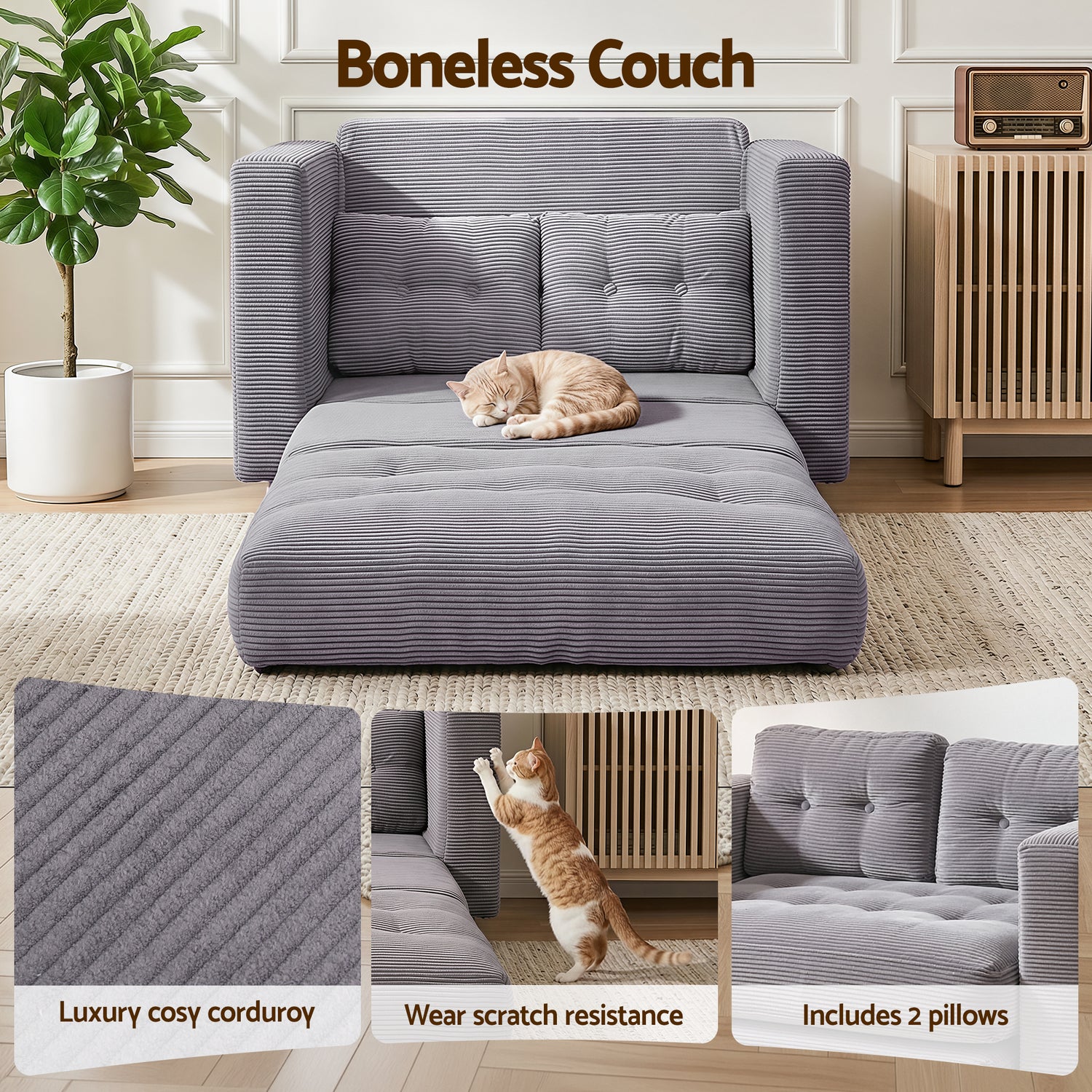 Artiss 2 Seater Corduroy Convertible Sofa Bed Pull Out Boneless Couch Grey-Furniture > Sofas > Sofas &amp; Sofa Beds-PEROZ Accessories