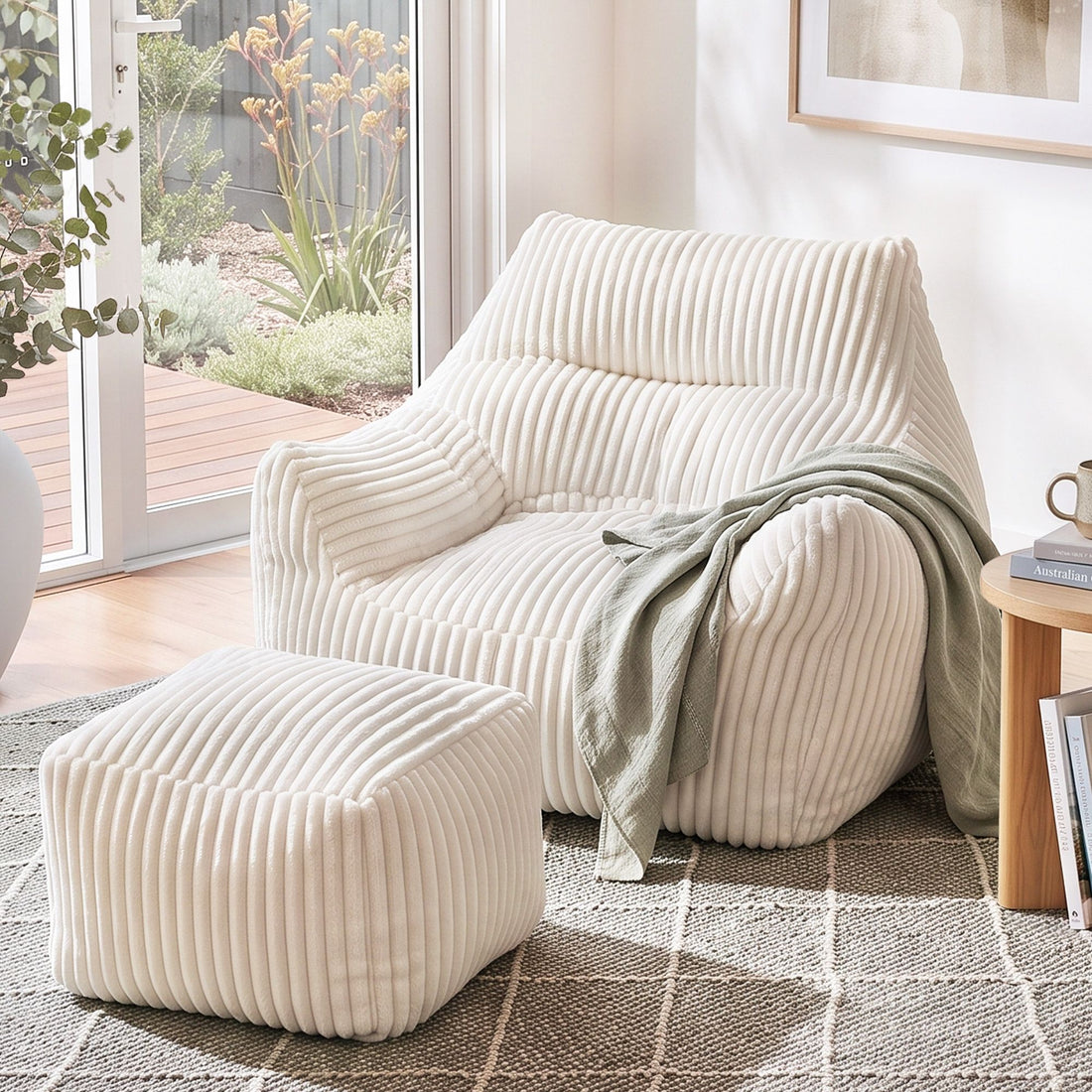 Artiss Bean Bag Sofa w/Ottoman Corduroy for Adults Teens White-Furniture > Sofas > Sofas &amp; Sofa Beds-PEROZ Accessories