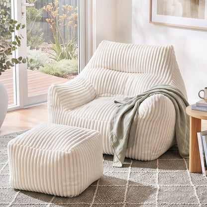 Artiss Bean Bag Sofa w/Ottoman Corduroy for Adults Teens White-Furniture > Sofas > Sofas &amp; Sofa Beds-PEROZ Accessories