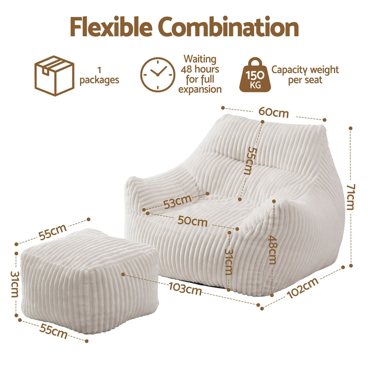 Artiss Bean Bag Sofa w/Ottoman Corduroy for Adults Teens White-Furniture > Sofas > Sofas &amp; Sofa Beds-PEROZ Accessories