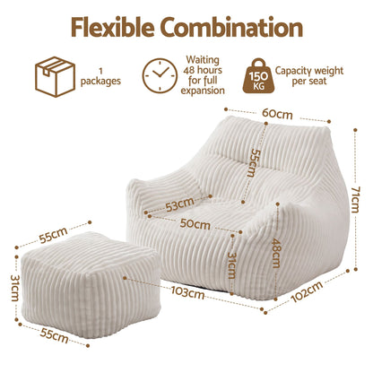 Artiss Bean Bag Sofa w/Ottoman Corduroy for Adults Teens White-Furniture > Sofas > Sofas &amp; Sofa Beds-PEROZ Accessories