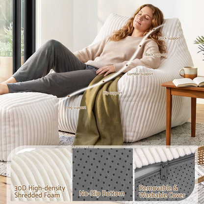 Artiss Bean Bag Sofa w/Ottoman Corduroy for Adults Teens White-Furniture > Sofas > Sofas &amp; Sofa Beds-PEROZ Accessories
