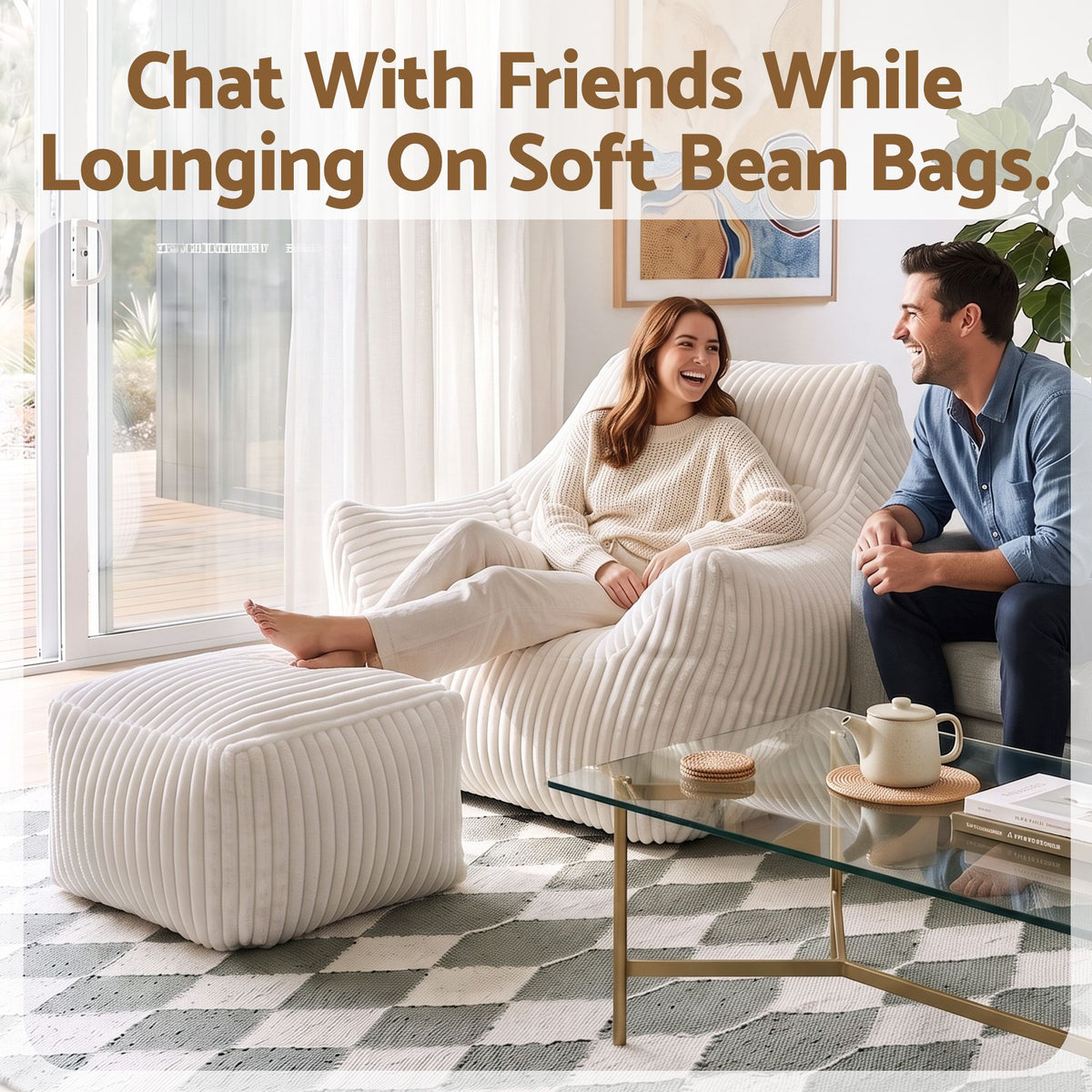 Artiss Bean Bag Sofa w/Ottoman Corduroy for Adults Teens White-Furniture > Sofas > Sofas &amp; Sofa Beds-PEROZ Accessories