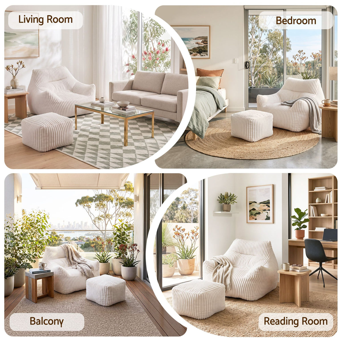Artiss Bean Bag Sofa w/Ottoman Corduroy for Adults Teens White-Furniture > Sofas > Sofas &amp; Sofa Beds-PEROZ Accessories