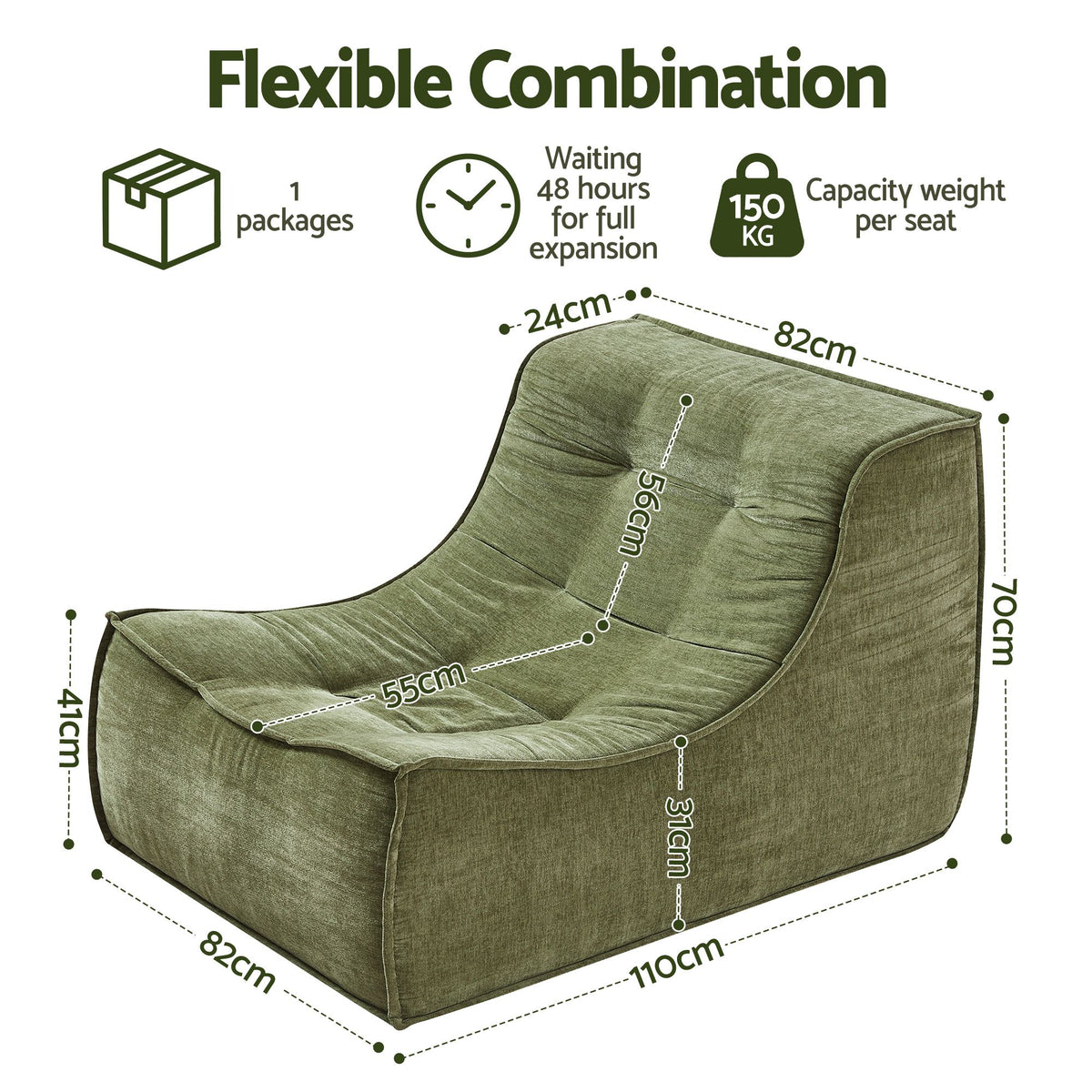 Artiss Floor Sofa Armless Chenille No Assembly Removable Cover Green-Furniture > Sofas > Sofas &amp; Sofa Beds-PEROZ Accessories