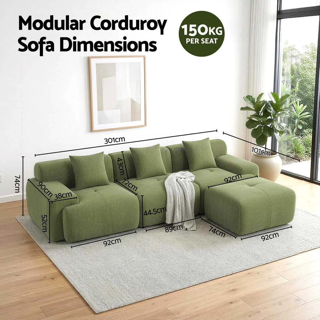 Artiss 300cm Modular Sofa Bed Comfort L-Shaped Sectional Boneless Couch Green-Furniture > Sofas > Sofas &amp; Sofa Beds-PEROZ Accessories