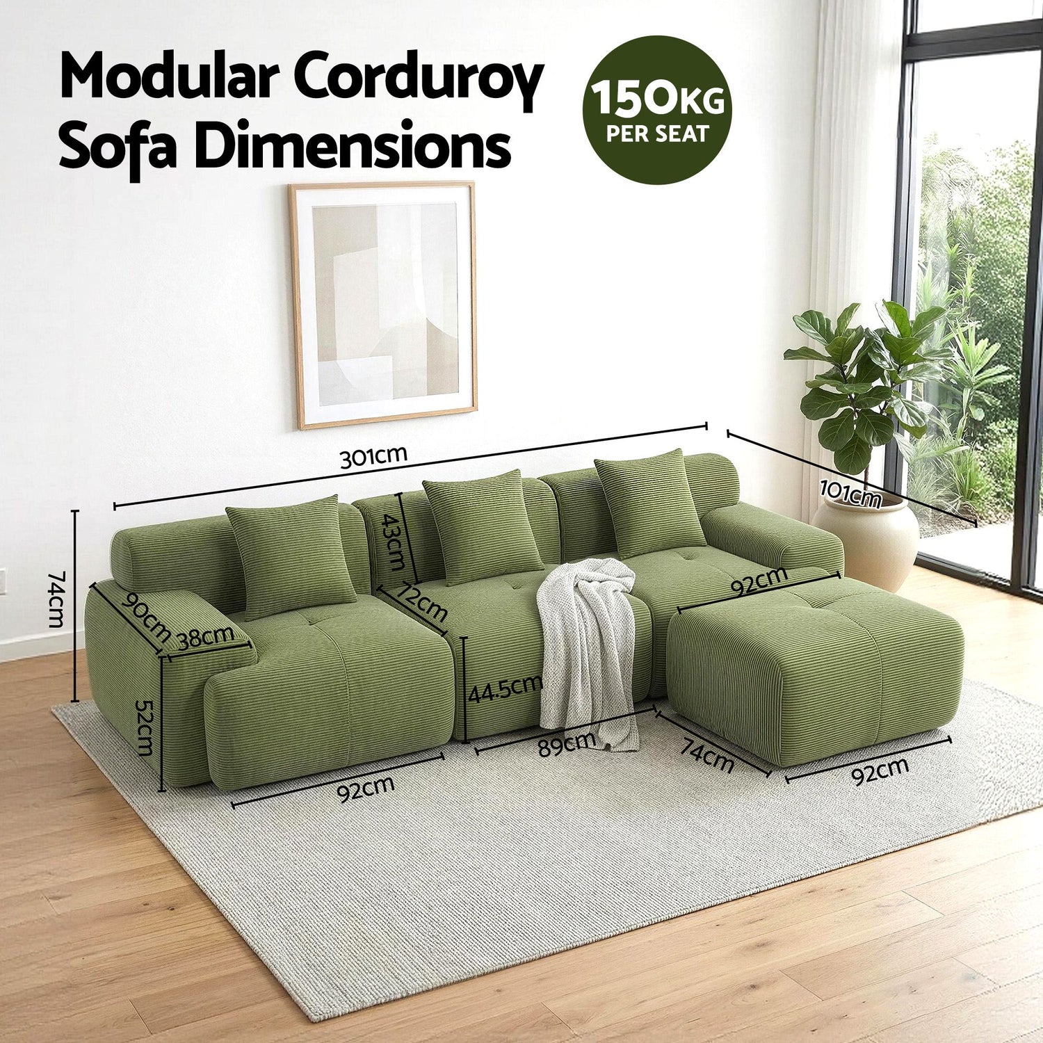 Artiss 300cm Modular Sofa Bed Comfort L-Shaped Sectional Boneless Couch Green-Furniture > Sofas > Sofas &amp; Sofa Beds-PEROZ Accessories