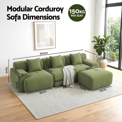 Artiss 300cm Modular Sofa Bed Comfort L-Shaped Sectional Boneless Couch Green-Furniture > Sofas > Sofas &amp; Sofa Beds-PEROZ Accessories