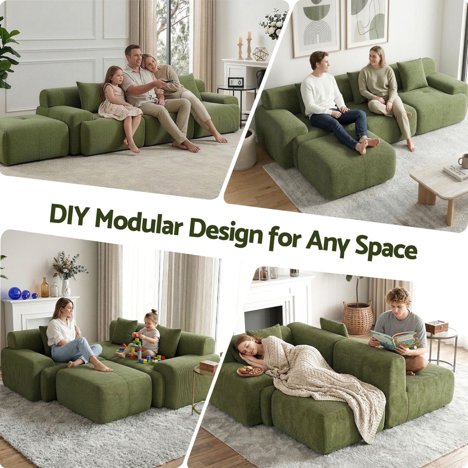 Artiss 300cm Modular Sofa Bed Comfort L-Shaped Sectional Boneless Couch Green-Furniture > Sofas > Sofas &amp; Sofa Beds-PEROZ Accessories