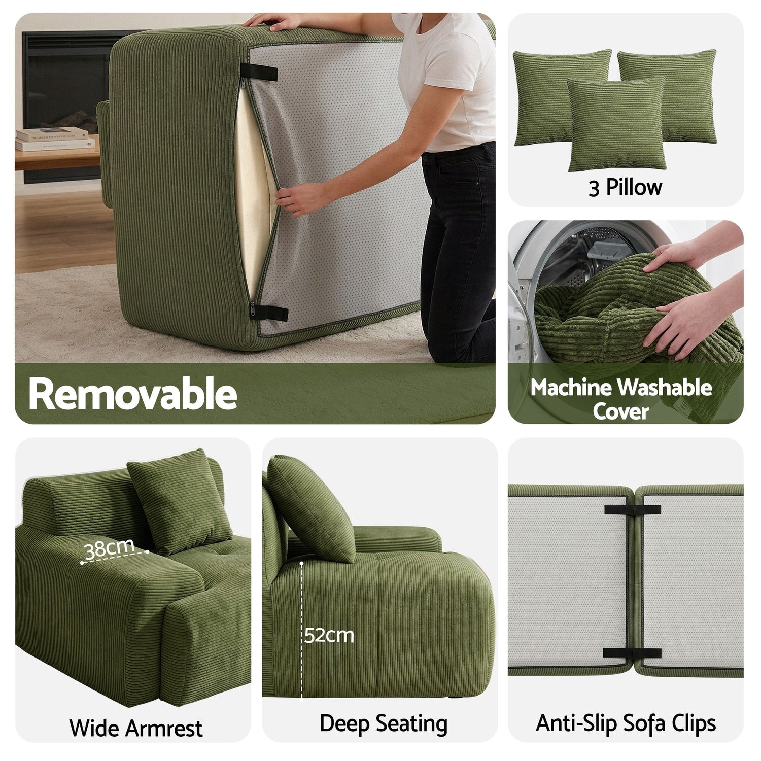 Artiss 300cm Modular Sofa Bed Comfort L-Shaped Sectional Boneless Couch Green-Furniture > Sofas > Sofas &amp; Sofa Beds-PEROZ Accessories