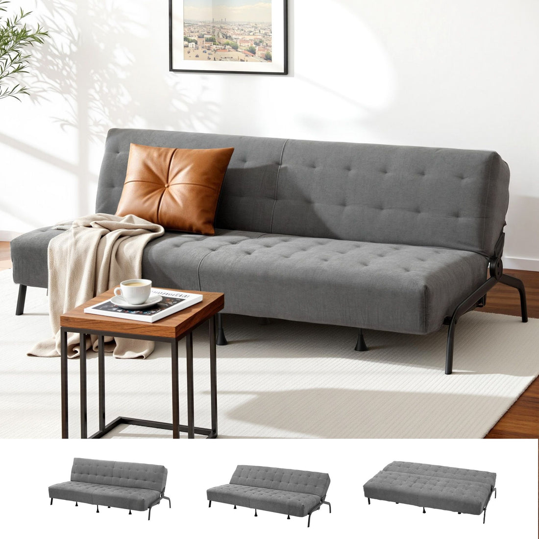 Artiss Sofa Bed, 1.9m 3-Seater Soft Innerspring Adjustable Couch Futon Chair for Apartment Dorm Living Room Office Study Bedroom, Grey-Furniture > Sofas > Sofas &amp; Sofa Beds-PEROZ Accessories