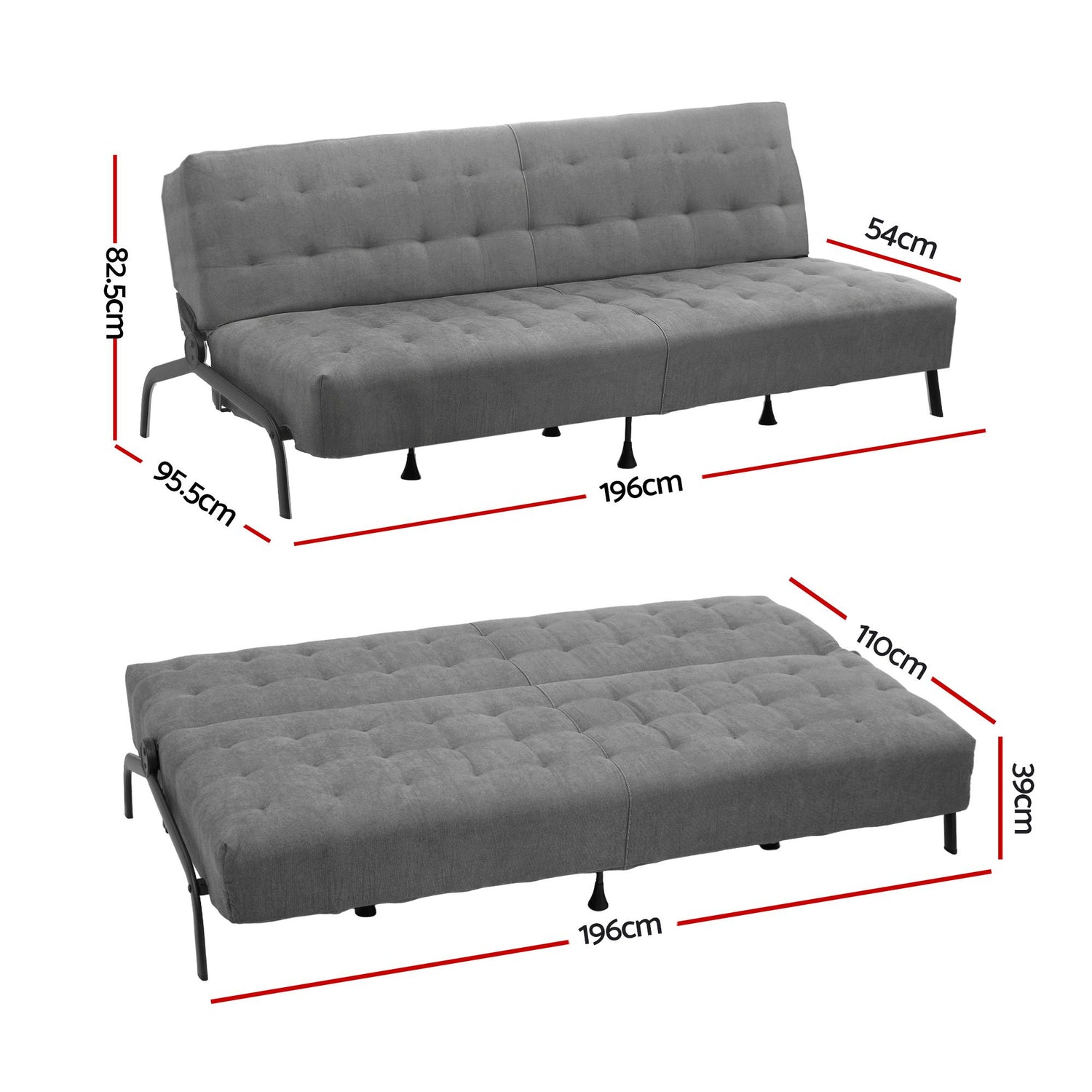 Artiss Sofa Bed, 1.9m 3-Seater Soft Innerspring Adjustable Couch Futon Chair for Apartment Dorm Living Room Office Study Bedroom, Grey-Furniture > Sofas > Sofas &amp; Sofa Beds-PEROZ Accessories