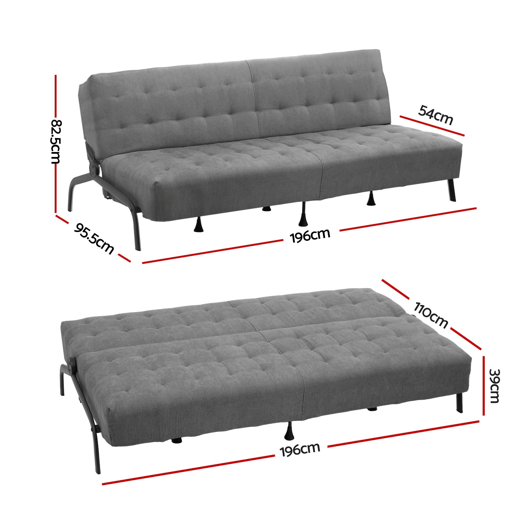 Artiss Sofa Bed, 1.9m 3-Seater Soft Innerspring Adjustable Couch Futon Chair for Apartment Dorm Living Room Office Study Bedroom, Grey-Furniture > Sofas > Sofas &amp; Sofa Beds-PEROZ Accessories