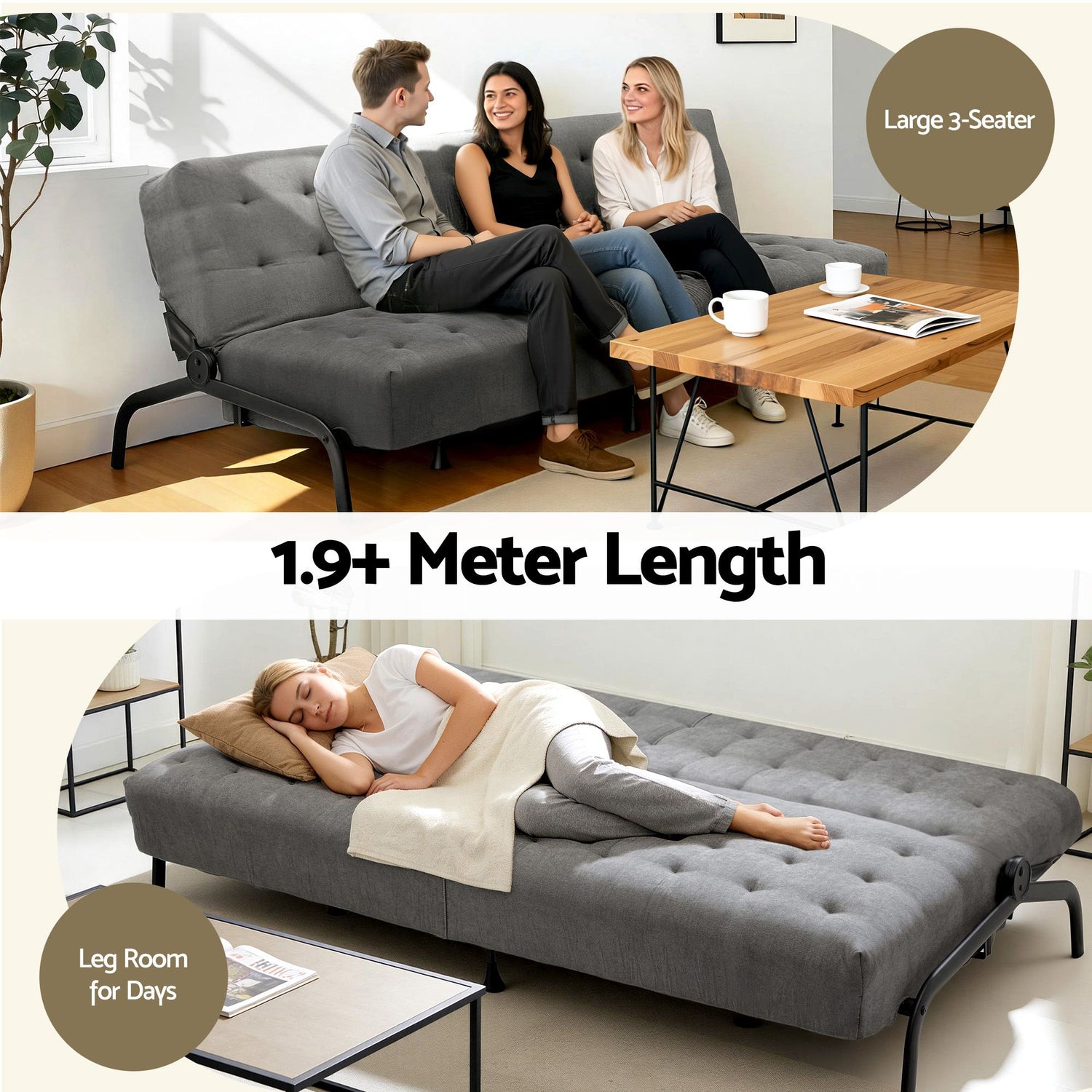 Artiss Sofa Bed, 1.9m 3-Seater Soft Innerspring Adjustable Couch Futon Chair for Apartment Dorm Living Room Office Study Bedroom, Grey-Furniture > Sofas > Sofas &amp; Sofa Beds-PEROZ Accessories