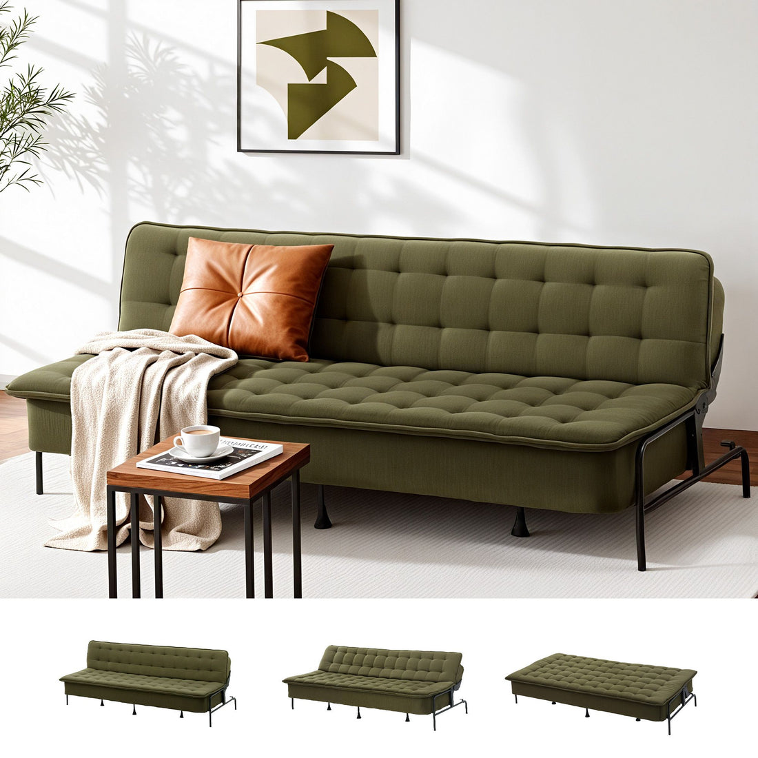 Artiss Sofa Bed, 1.9m 3-Seater Soft Innerspring Adjustable Couch Futon Chair for Apartment Dorm Living Room Office Study Bedroom, Green-Furniture > Sofas > Sofas &amp; Sofa Beds-PEROZ Accessories