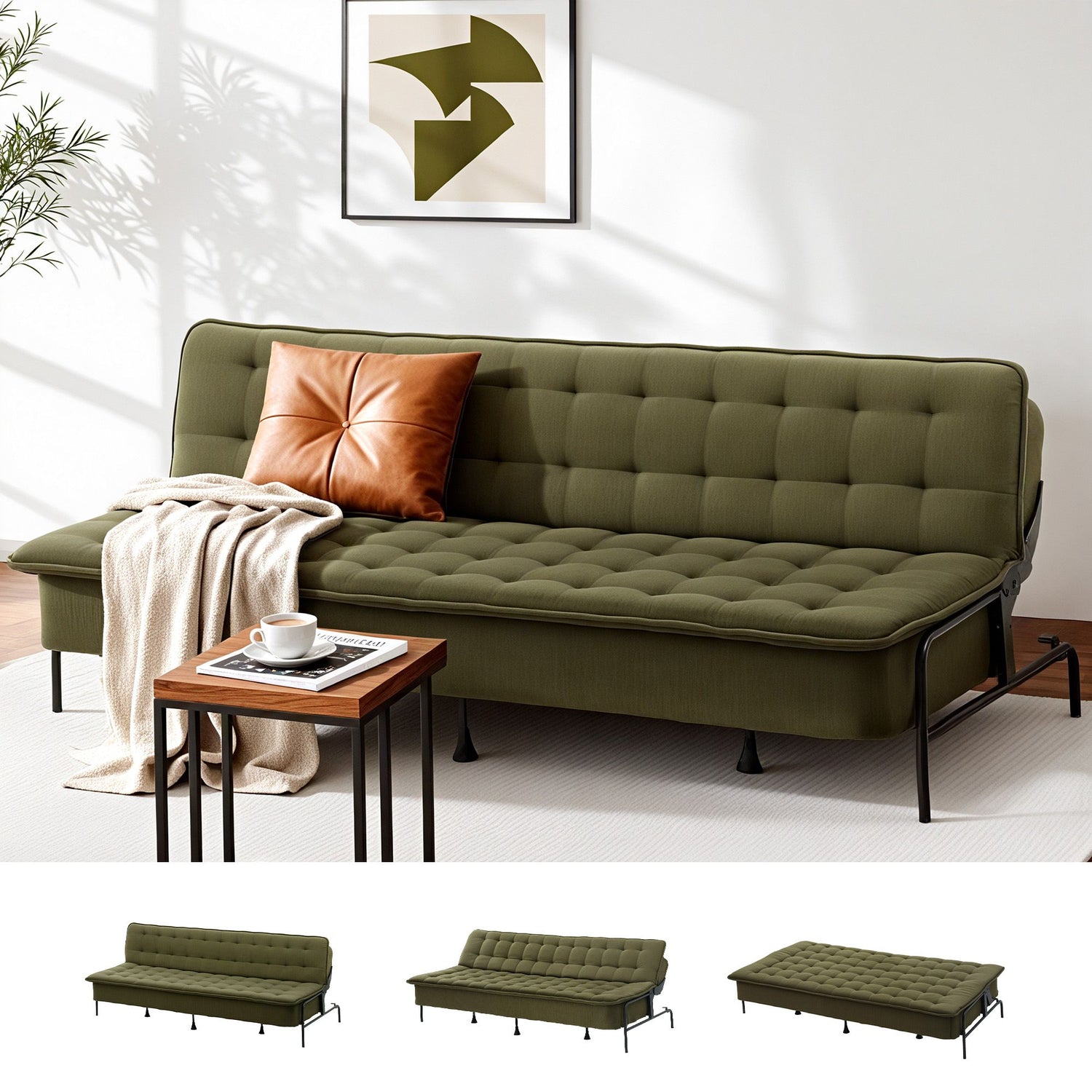 Artiss Sofa Bed, 1.9m 3-Seater Soft Innerspring Adjustable Couch Futon Chair for Apartment Dorm Living Room Office Study Bedroom, Green-Furniture > Sofas > Sofas &amp; Sofa Beds-PEROZ Accessories