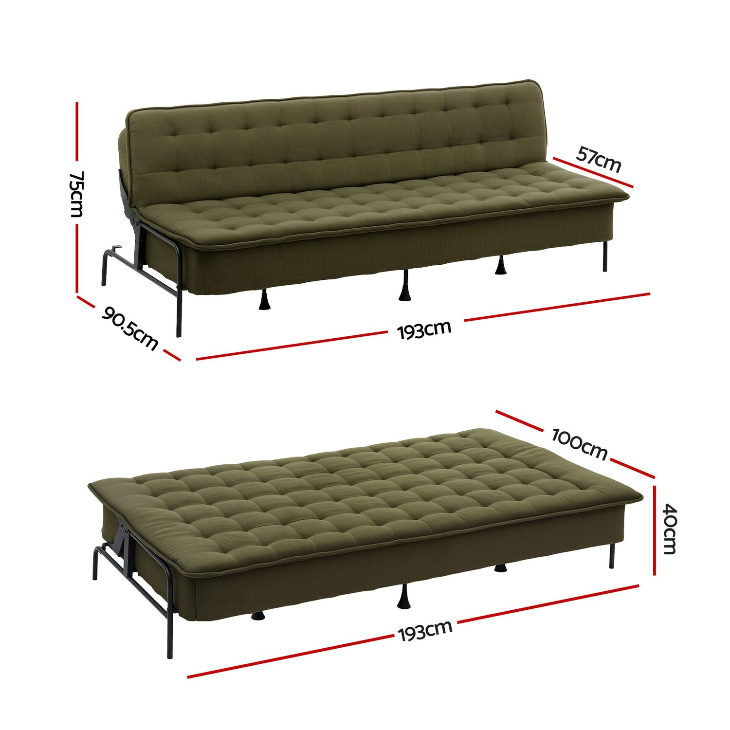 Artiss Sofa Bed, 1.9m 3-Seater Soft Innerspring Adjustable Couch Futon Chair for Apartment Dorm Living Room Office Study Bedroom, Green-Furniture > Sofas > Sofas &amp; Sofa Beds-PEROZ Accessories