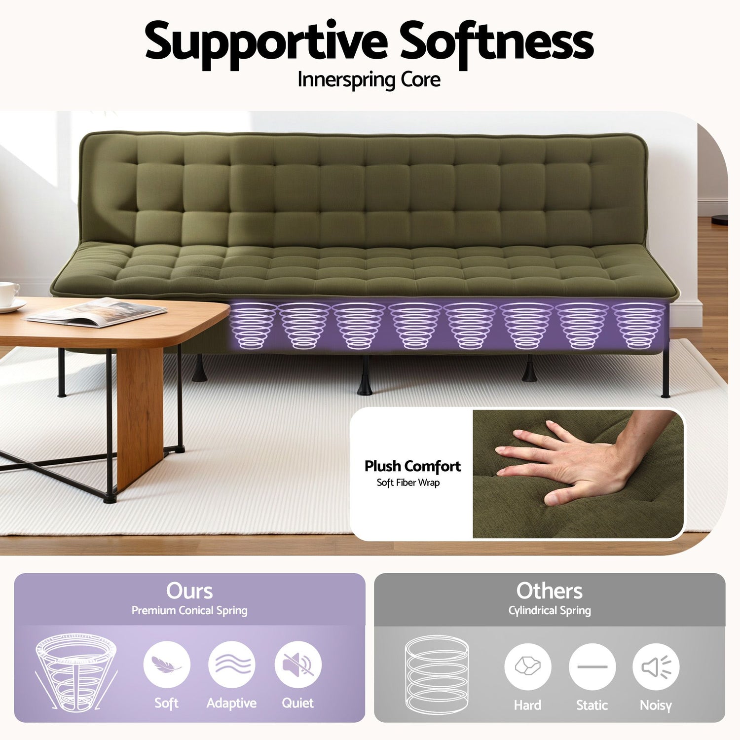 Artiss Sofa Bed, 1.9m 3-Seater Soft Innerspring Adjustable Couch Futon Chair for Apartment Dorm Living Room Office Study Bedroom, Green-Furniture > Sofas > Sofas &amp; Sofa Beds-PEROZ Accessories