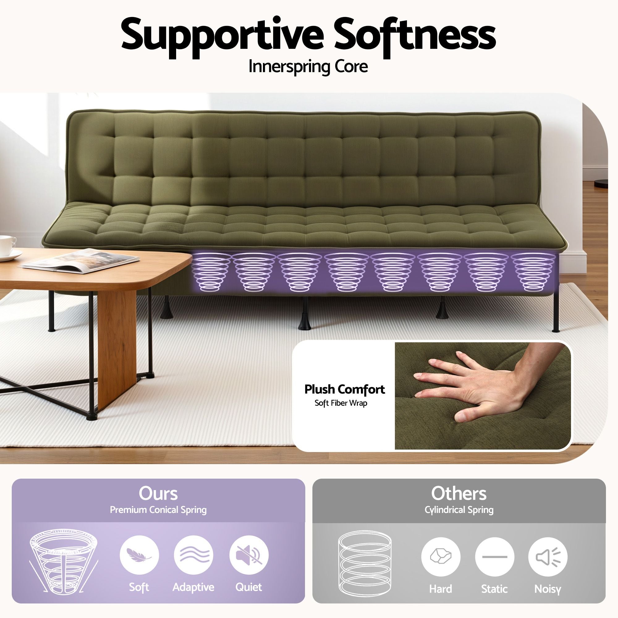 Artiss Sofa Bed, 1.9m 3-Seater Soft Innerspring Adjustable Couch Futon Chair for Apartment Dorm Living Room Office Study Bedroom, Green-Furniture > Sofas > Sofas &amp; Sofa Beds-PEROZ Accessories