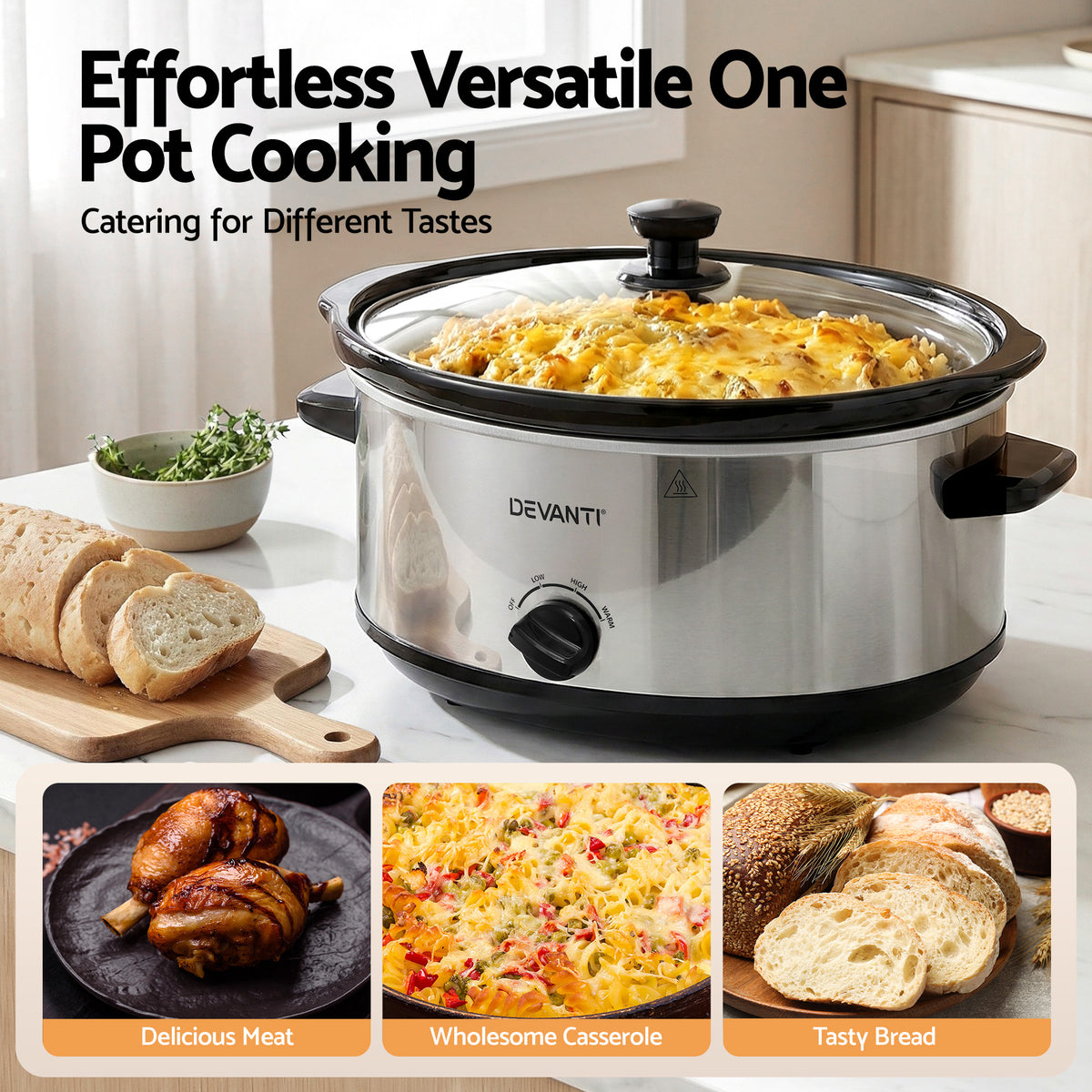 Devanti 6.5L Slow Cooker Electric Multi Cooker with 3 Heat Settings and Keep Warm Function-Appliances > Kitchen Appliances > Rice Cookers &amp; Steamers-PEROZ Accessories