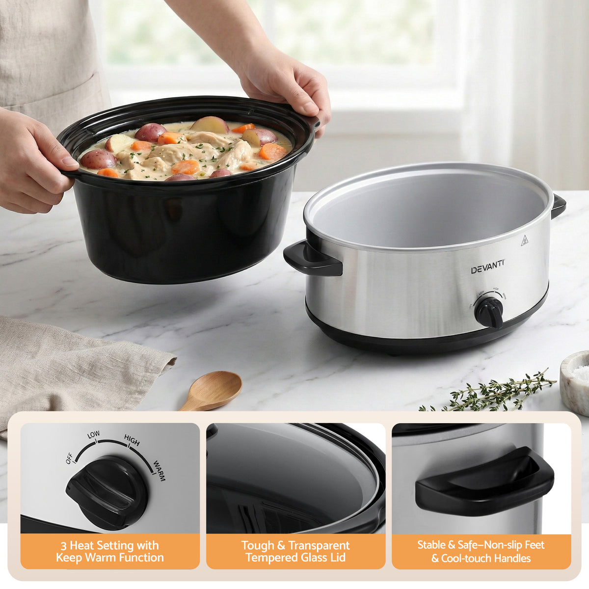 Devanti 6.5L Slow Cooker Electric Multi Cooker with 3 Heat Settings and Keep Warm Function-Appliances > Kitchen Appliances > Rice Cookers &amp; Steamers-PEROZ Accessories