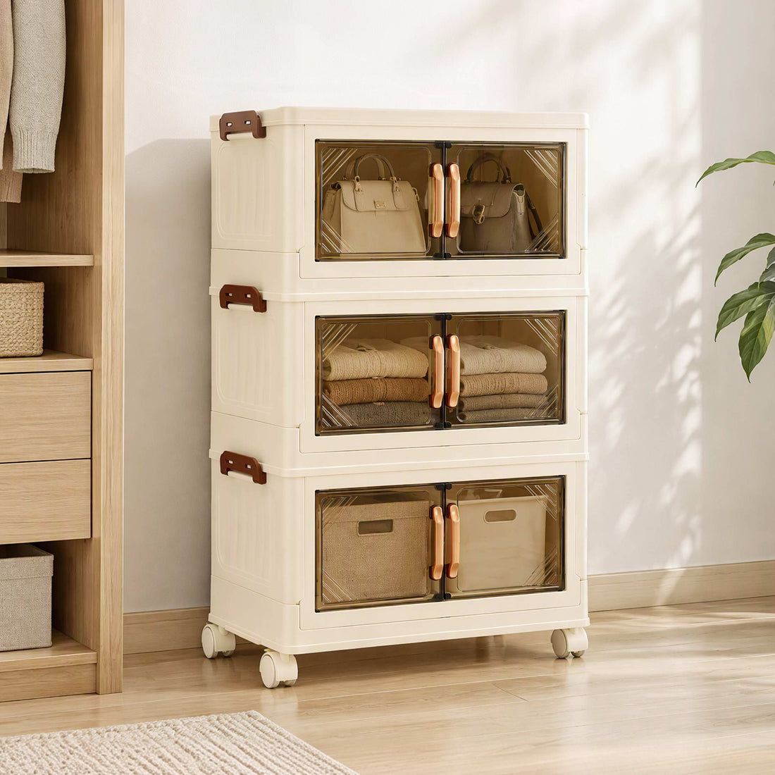 Artiss 3-Tier Foldable Storage Cabinet Stackable Box Clear Magnetic Door White-Home &amp; Garden > Storage > Storage Boxes-PEROZ Accessories