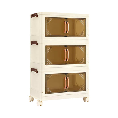 Artiss 3-Tier Foldable Storage Cabinet Stackable Box Clear Magnetic Door White-Home &amp; Garden > Storage > Storage Boxes-PEROZ Accessories